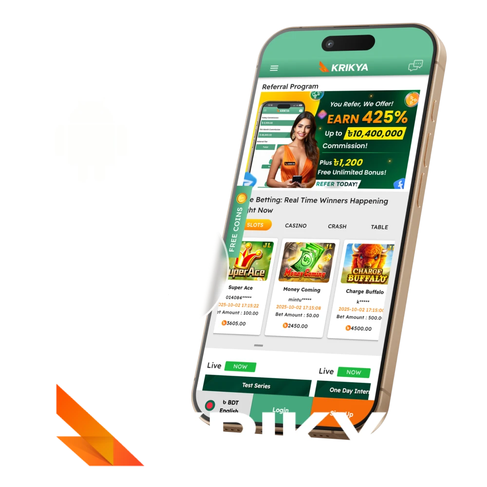 Play the Krikya online casino app on your phone.