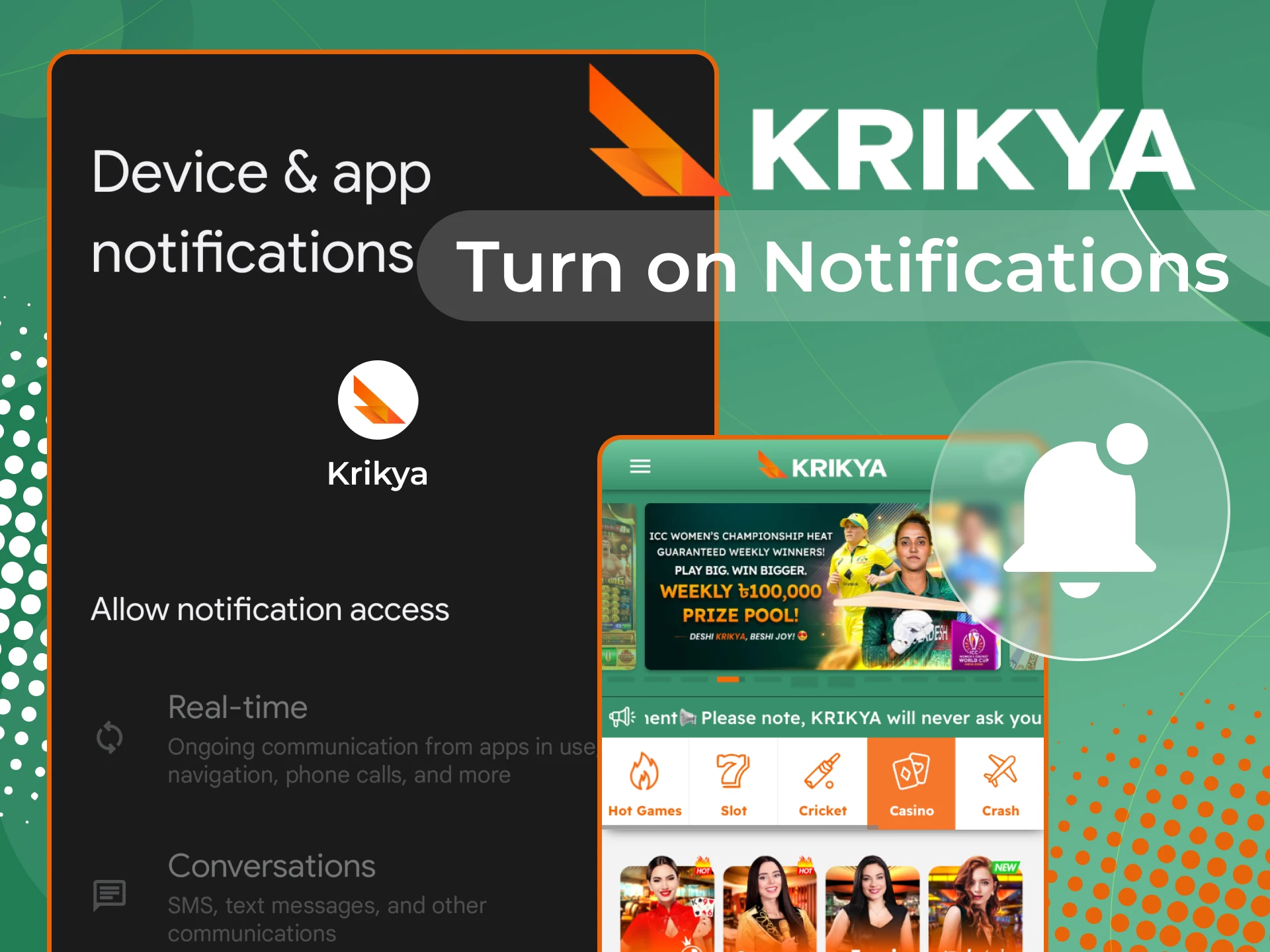 Receive notifications about new bonuses at Krikya online casino.