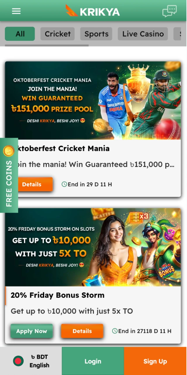 Krikya online casino offers a wide range of bonuses across various categories.