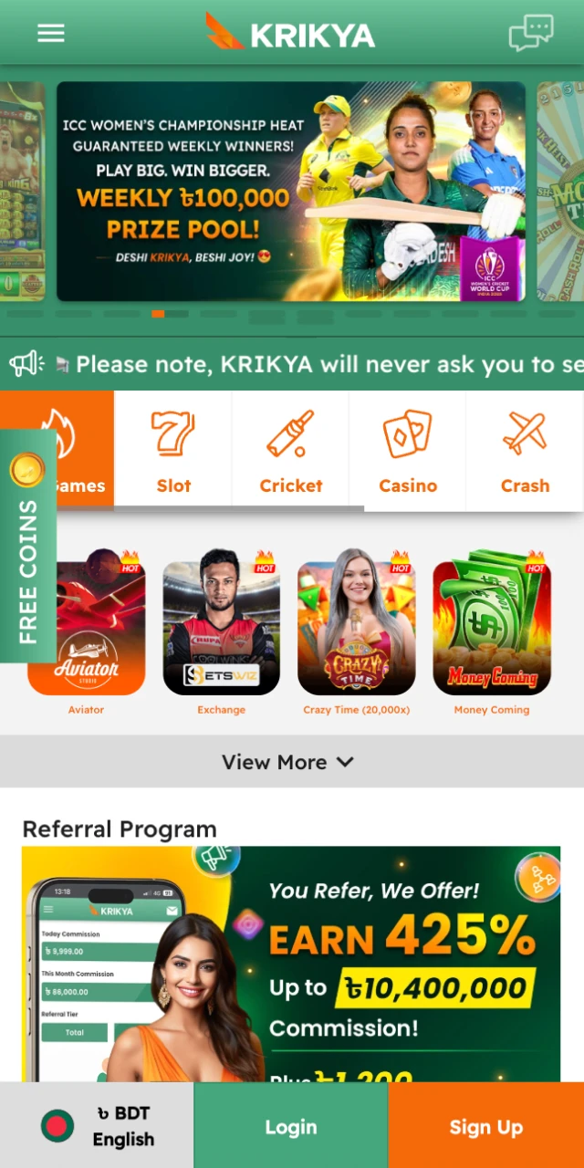 Open the Krikya online casino app to play anywhere.