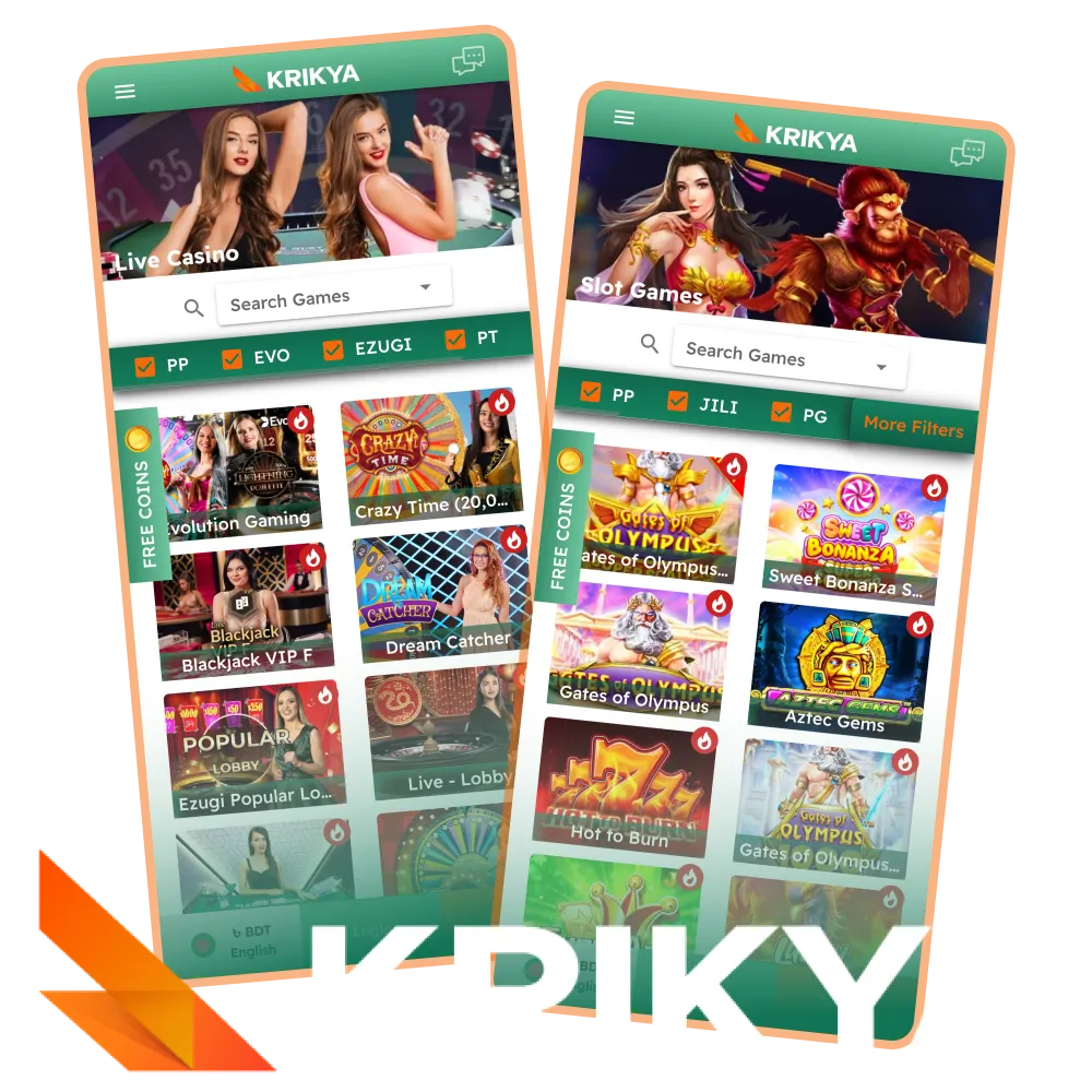 Krikya offers a variety of casino games to win.