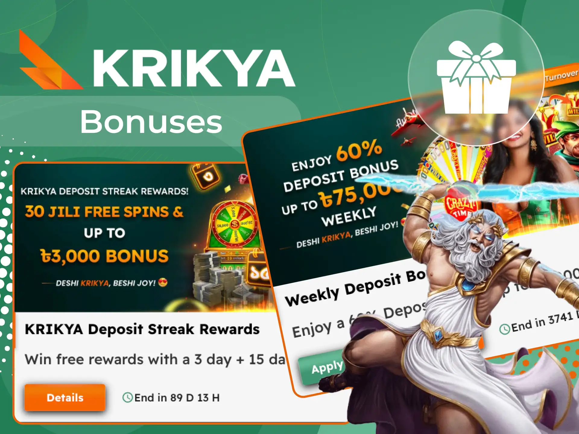 Use special bonuses to play Gates of Olympus at Krikya online casino.