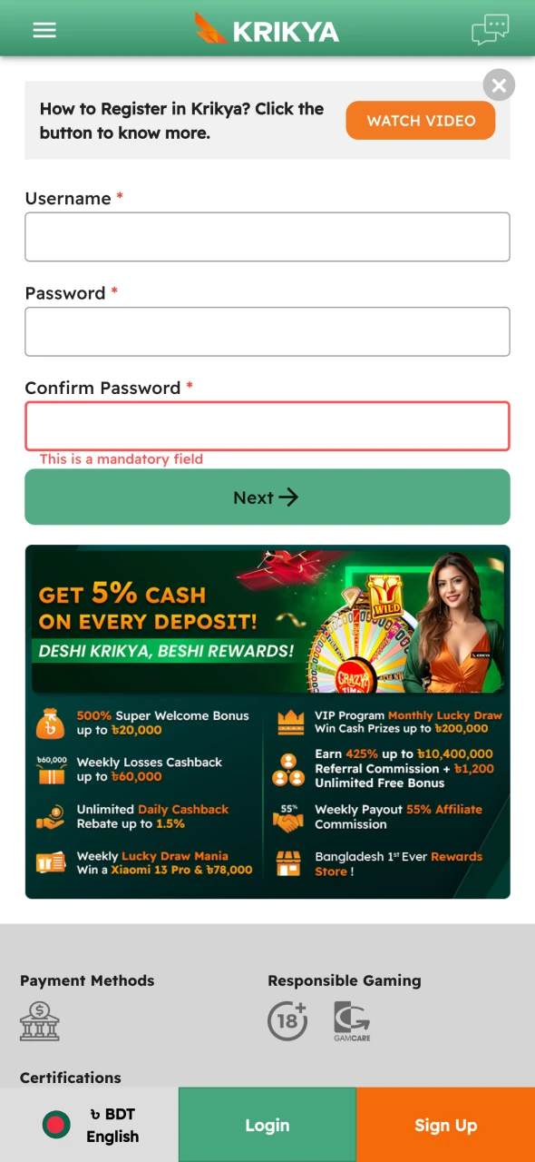 Select a registration method at Krikya.