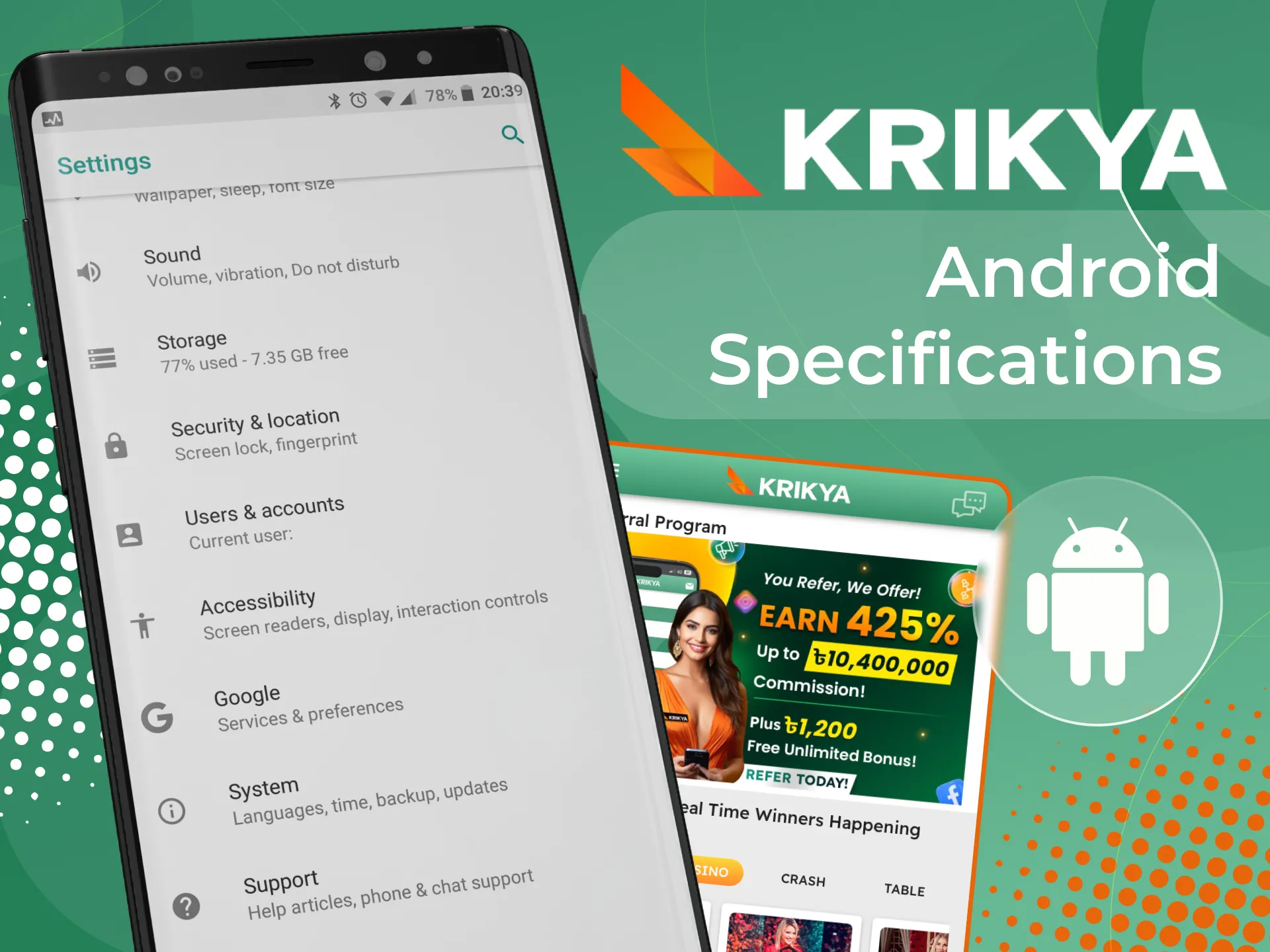 How can a player know if their Android phone is compatible with the Krikya online casino app.