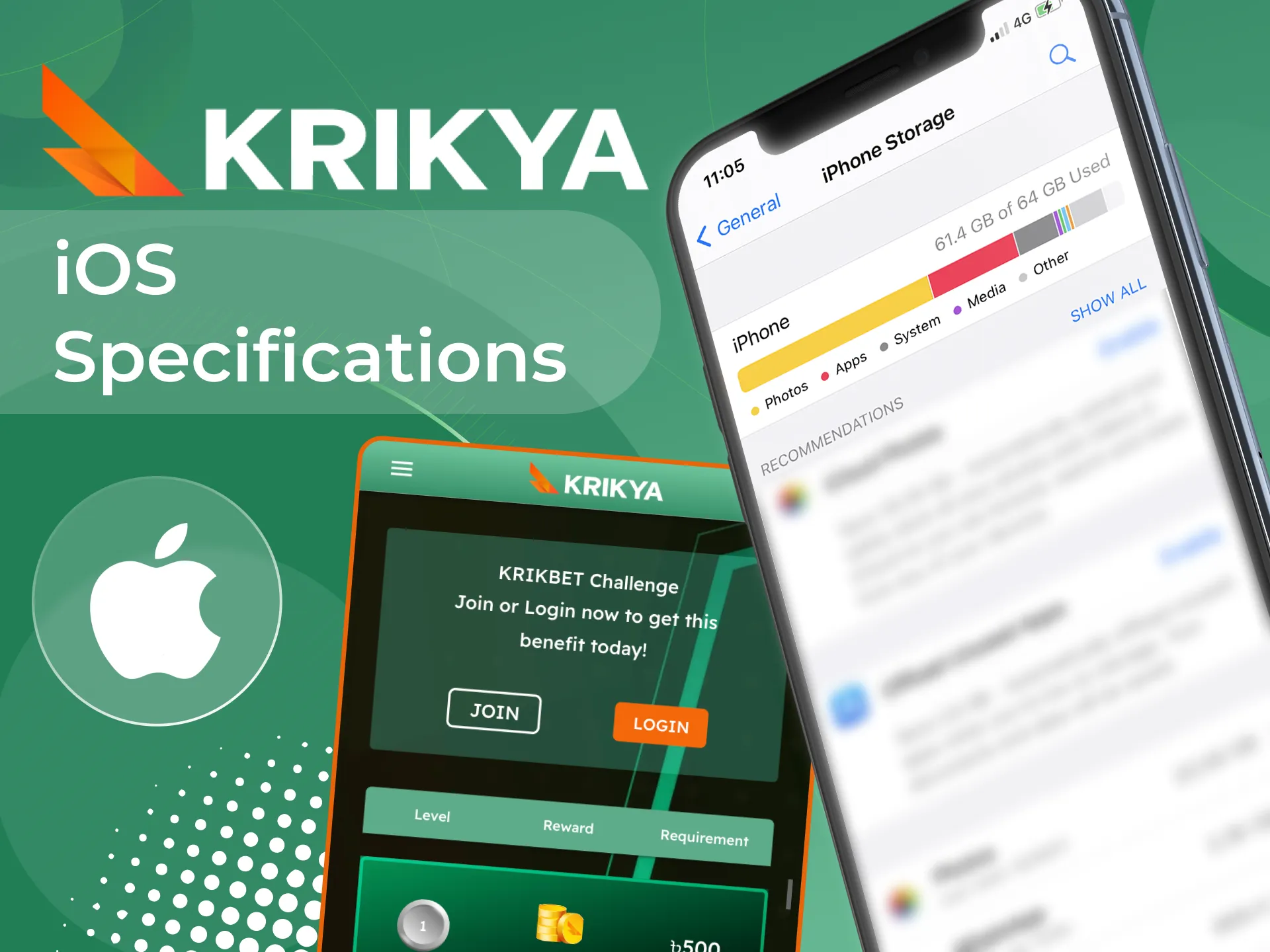 What specifications does an iOS phone need to have to run the Krikya online casino app.