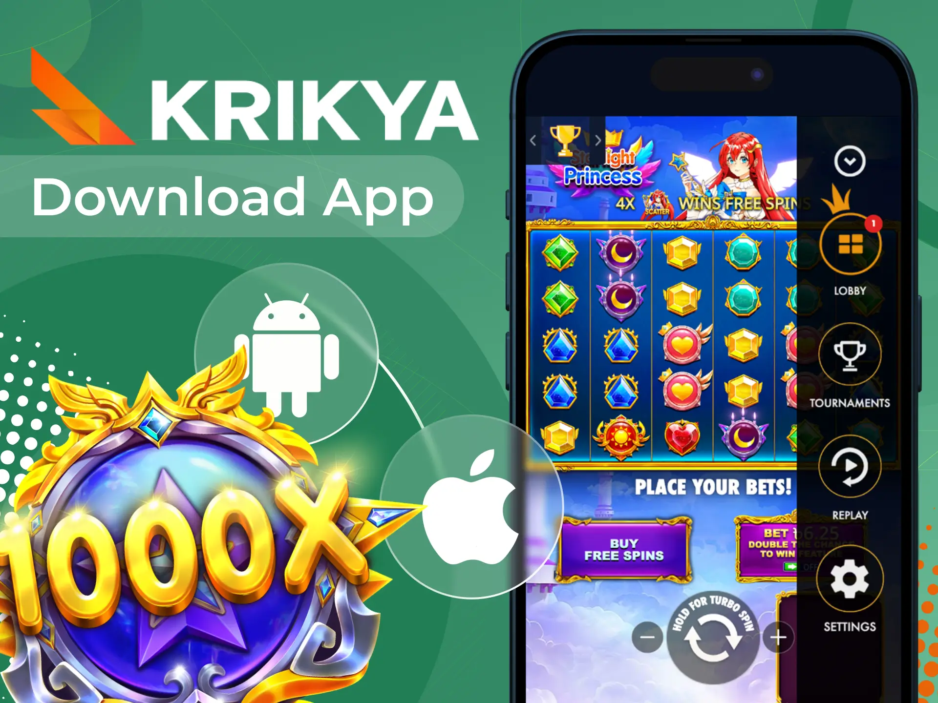 Download the Krikya online casino app and find the Starlight Princess game in the slot games section.