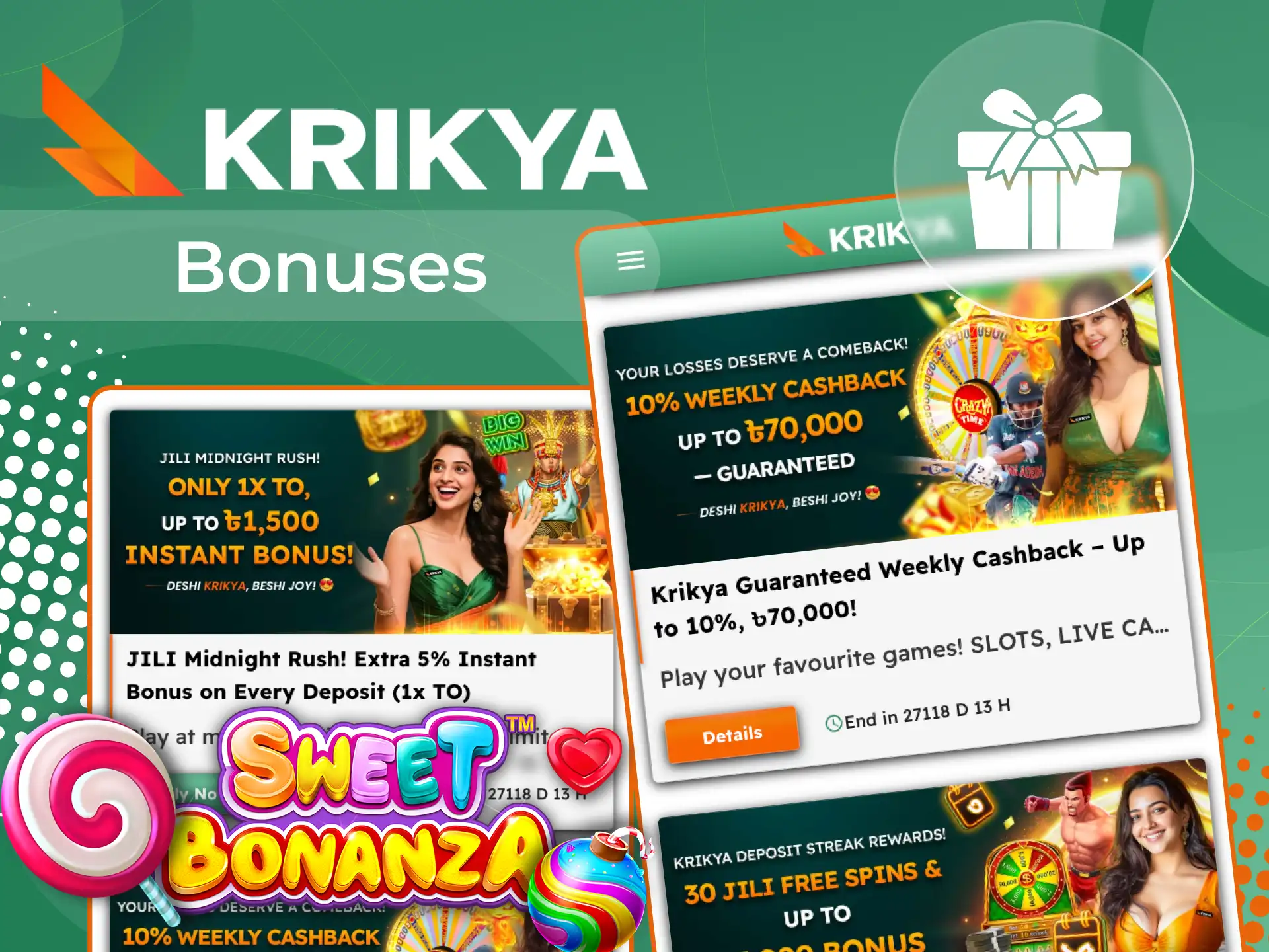 What bonuses can I use to play Sweet Bonanza at Krikya online casino.