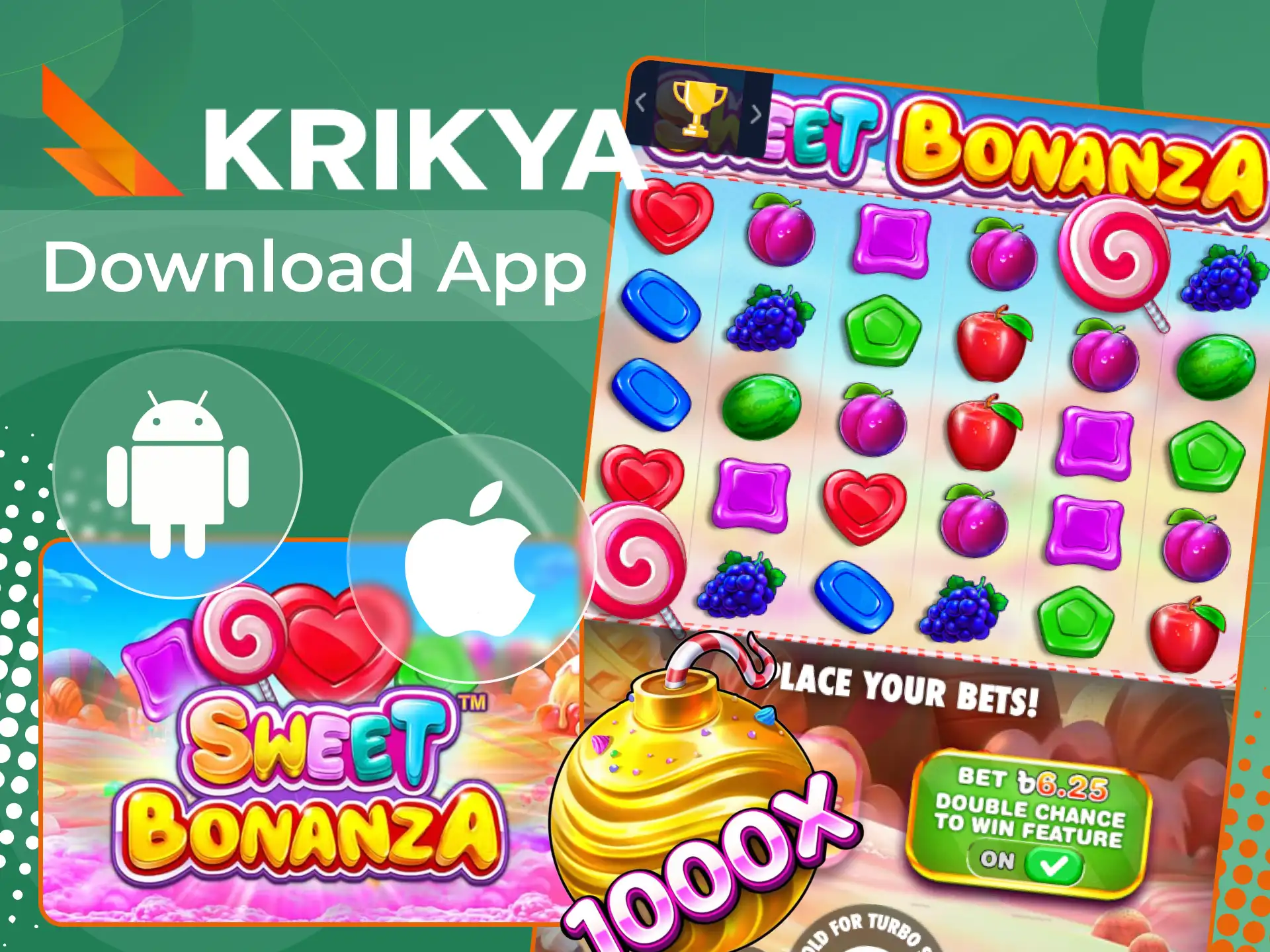 Install Krikya online casino on your phone to play Sweet Bonanza.