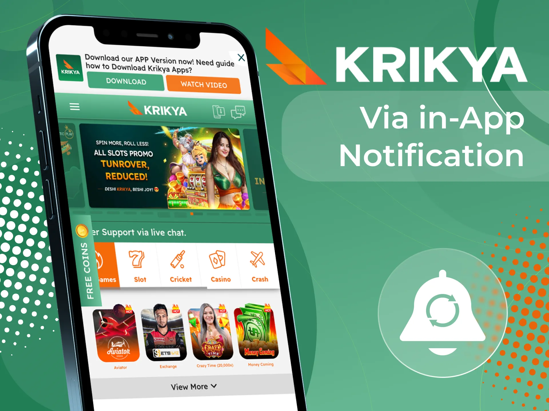 Get notifications when you need to update the Krikya online casino app on your Android phone.
