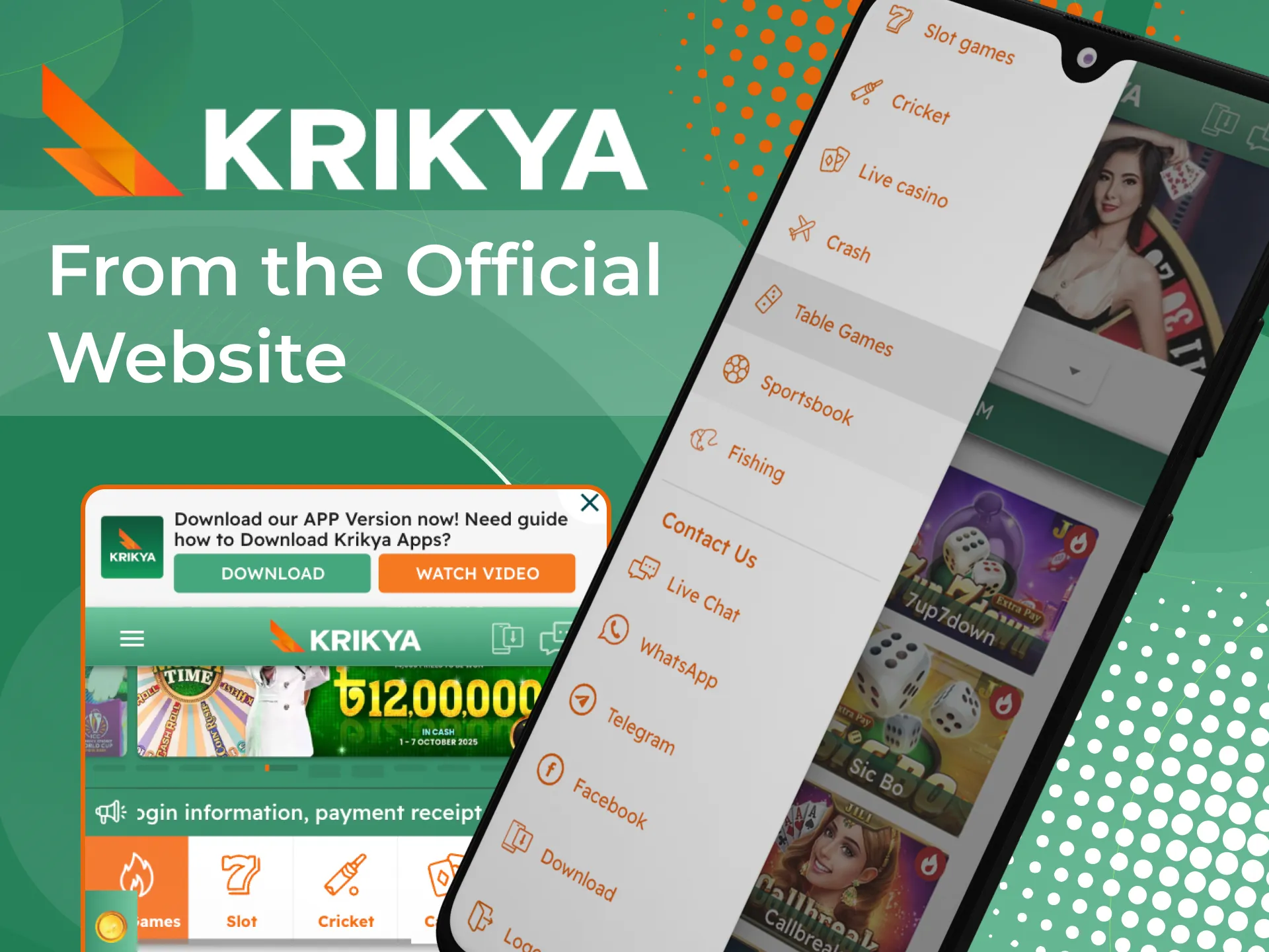 Update the Krikya online casino app on your Android phone via the official website.
