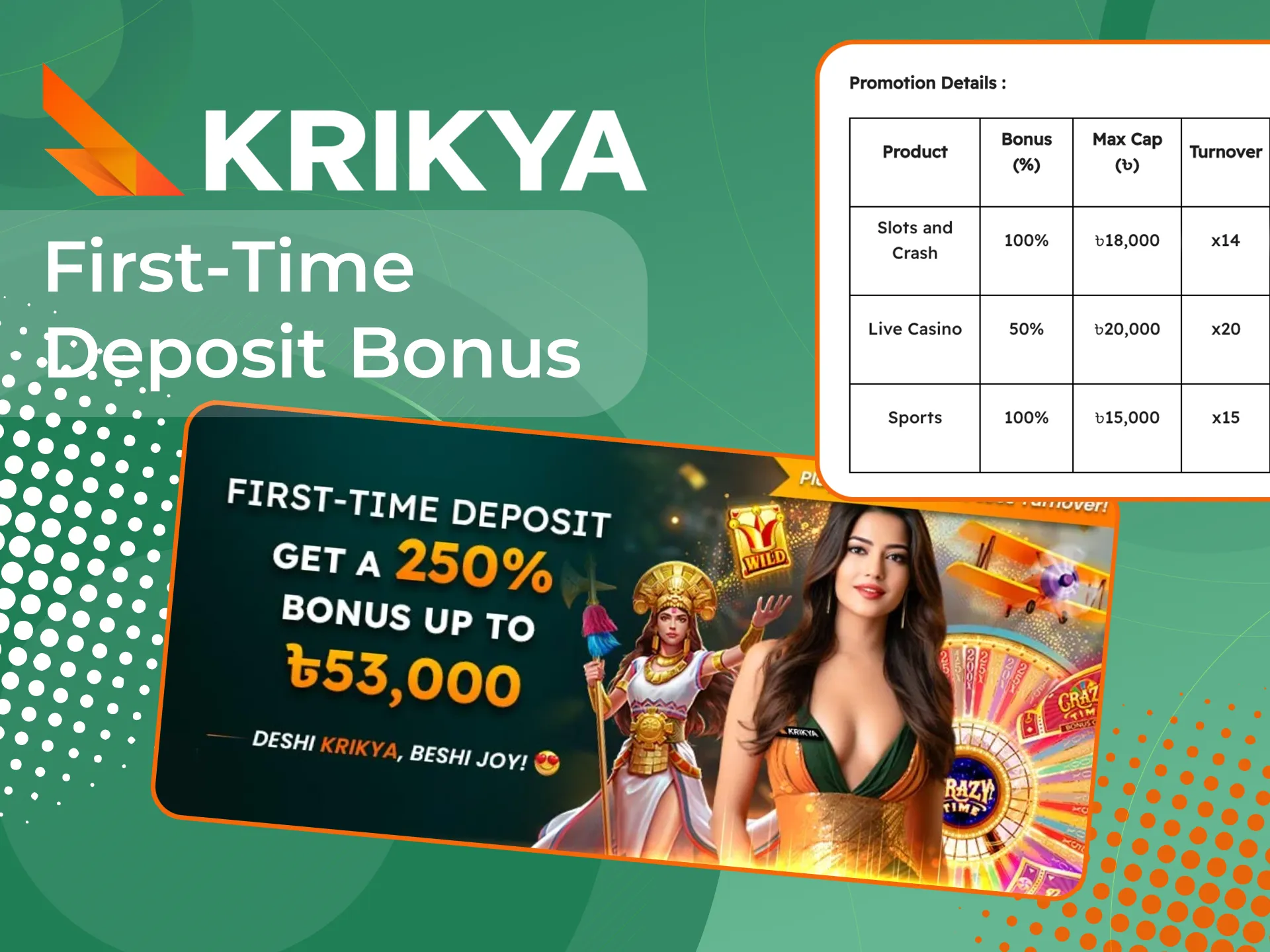 Start playing at Krikya with your first deposit bonus.